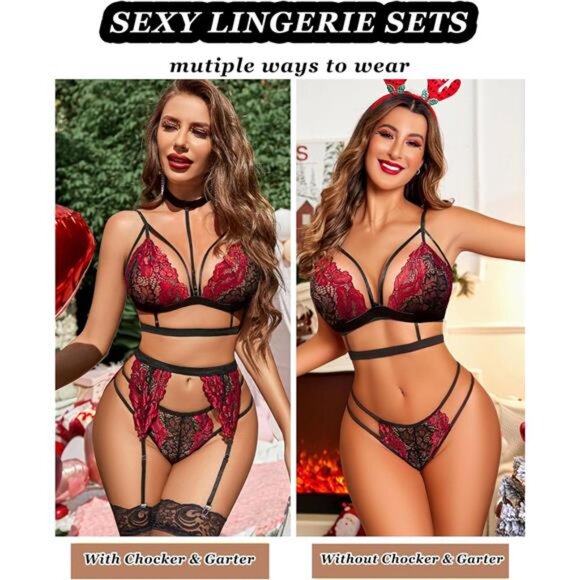 "New Lace Garter Teddy Set w/ Strappy Bra, Panty & Choker – No Stockings" - Picture 2 of 6